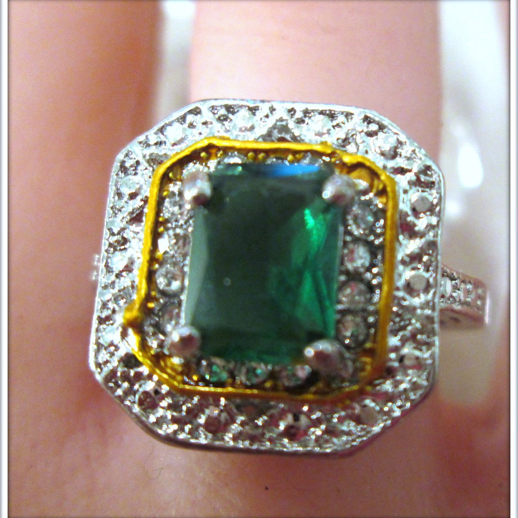 14k Natural Emerald Target Ring, Engagement Cluster Ring For Women, Vintage Siz7